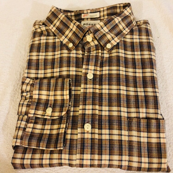 Fossil Other - Fossil Brown, Navy & Tan Plaid Shirt XL
